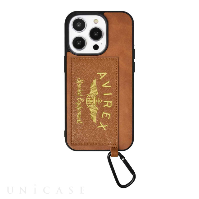 iPhone14 Pro ケース】カード収納付き背面ケース 刺繍ロゴ (ブラウン