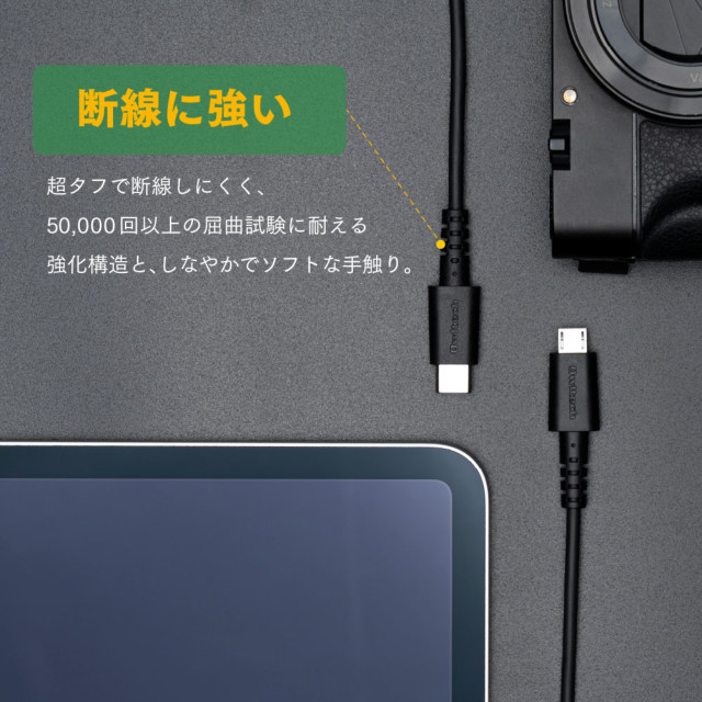 最大3A充電対応 断線に強くしなやか USB Type-C to microUSB 超タフストロング ケーブル OWL-CBCMシリーズ (ブラック/2m)サブ画像