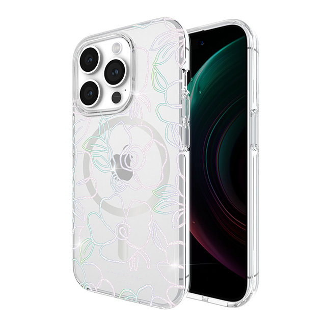 【iPhone15 Pro ケース】Protective Hardshell Case for MagSafe (Modern Floral Glitter Silver/Iridescent Foil Logo)