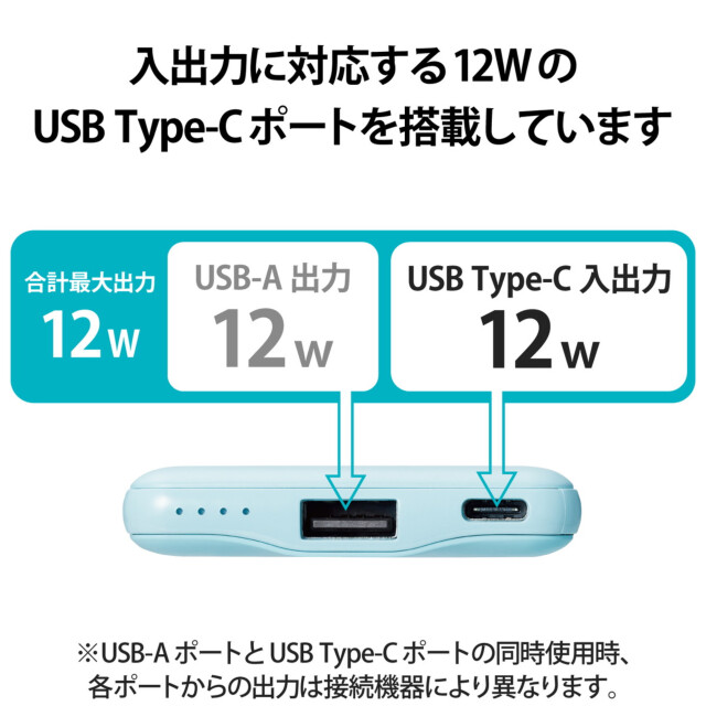 モバイルバッテリー/リチウムイオン電池/おまかせ充電対応/12W対応/USB-A出力1ポート/Type-C入力5000mAh (ブルー)サブ画像