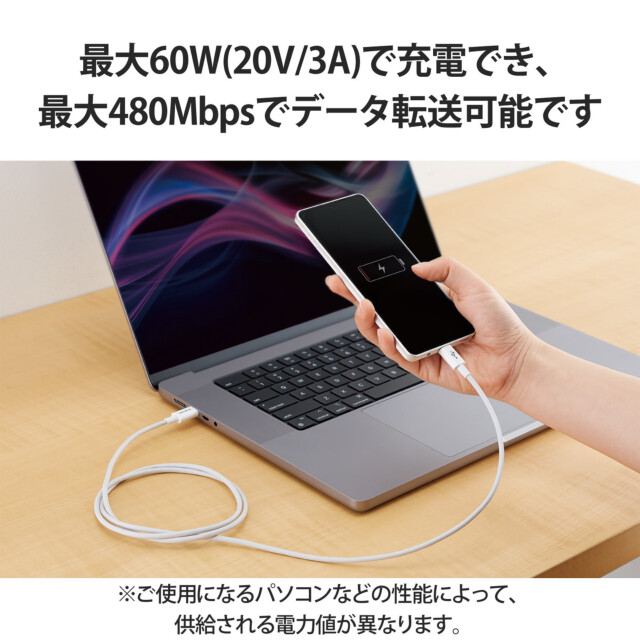 USB Type-C to USB Type-Cケーブル/USB Power Delivery対応/やわらか耐久 (1.2m/ホワイト)サブ画像