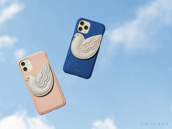 【iPhone11/XR, iPhone11 Proケース】かわいい鳩のモチーフがポイントの、便利なミラーとカードポケットつき背面型iPhoneケース“peace of mind case”が登場。