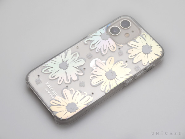 【iPhone12 mini ケース】Protective Hardshell Case (Daisy Iridescent Foil/White/Clear/Gems)装着 正面