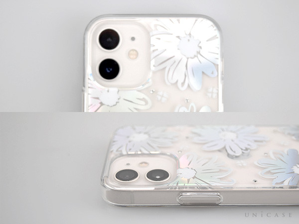 【iPhone12 mini ケース】Protective Hardshell Case (Daisy Iridescent Foil/White/Clear/Gems)装着 カメラ