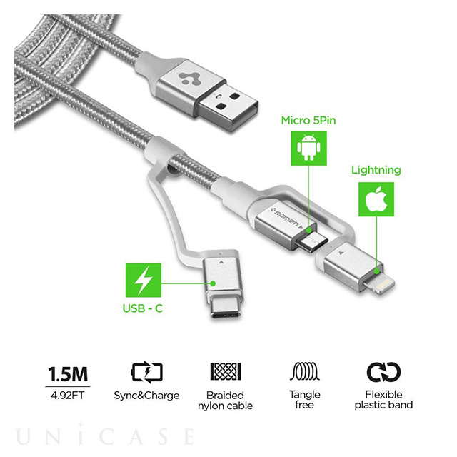 Essential C10i3 USB-C+Micro-B5-pin+USB Lightning to USB 2.0 Cable (Silver)