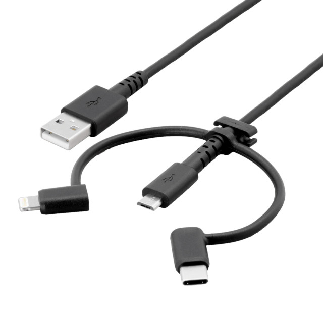 3 in 1 Lightningアダプター＆USB Type-Cアダプター付き USB Type-A to microUSB 超タフストロング ストレートケーブル (ブラック/2m)サブ画像