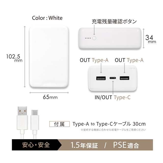 最大3A入出力に対応のUSB Type-C ×1ポートとUSB Type-A×2ポート 15,000mAh モバイルバッテリー (ホワイト)goods_nameサブ画像