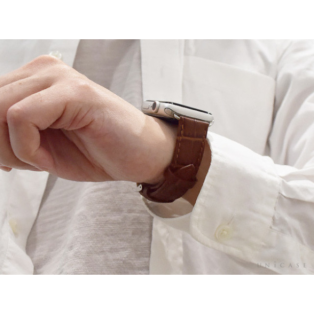 【Apple Watch バンド 41/40/38mm】カーフ型押しレザーストラップ BOLLE (Gold Brown/Silver) for Apple Watch SE(第2/1世代)/Series9/8/7/6/5/4/3/2/1サブ画像