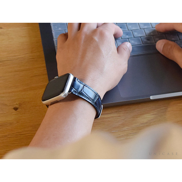 【Apple Watch バンド 49/45/44/42mm】カーフ型押しレザーストラップ TIEPOLO (Dark Blue/Silver) for Apple Watch Ultra2/1/SE(第2/1世代)/Series9/8/7/6/5/4/3/2/1サブ画像